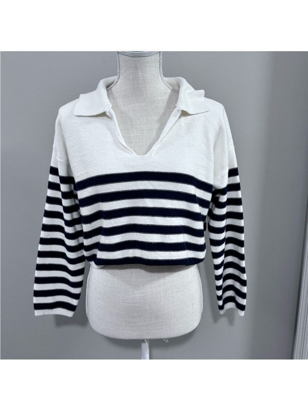 Altar'd State Cream with Black Stripes Cropped Long Sleeve Sweater. Size S